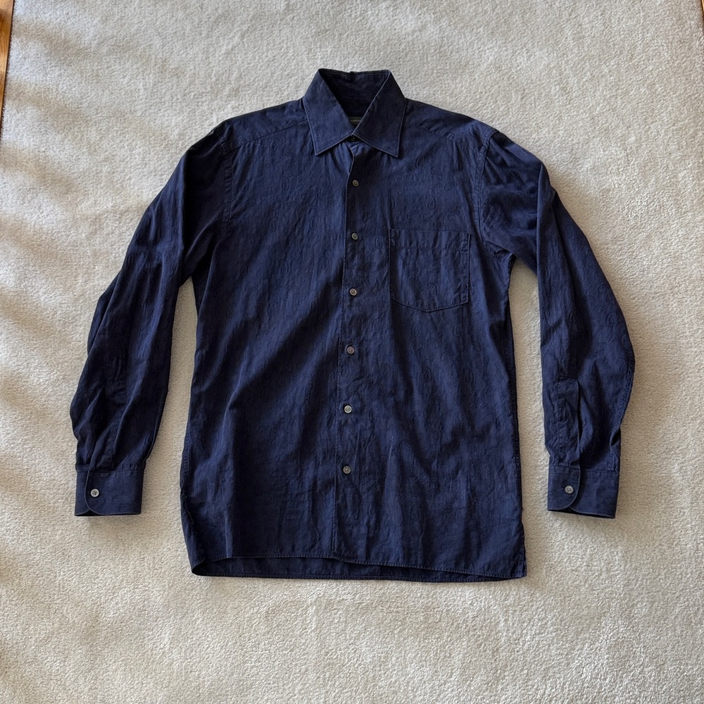 Ermenegildo Zegna men 100% cotton navy shirt with paisley pattern on stripes